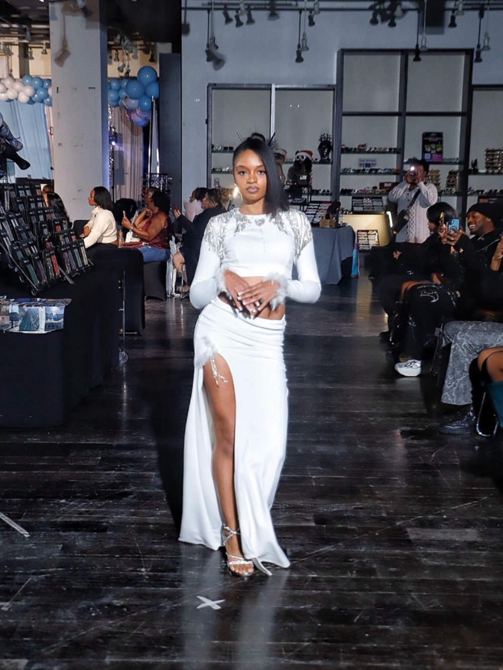 Custom White Draped Evening Set | Runway Sample | High Slit Formal Set